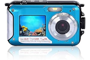 FYDUN Appareil Photo Numérique Étanche 10ft Double Écrans 16X Zoom Numérique Full HD 2.7K 48MP pour Natation Plongée Surf Rivière Stream Océan Paysage Parc Aquatique Photographie(Bleu)