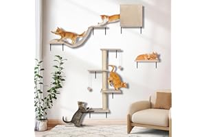 Myiosus Arbre à Chat Mural, 4 en 1 Ensemble de Meubles Muraux avec Griffoir, Étagères Murales pour Chat, Parcours Mural Chats en Bois pour Grands et Petits D'intérieur Jusqu'à 10 kg