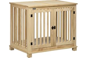 Pawhut Hundekäfig, Tierkäfig aus Holz, Haustierkäfig für mittelgroße Hunde, Hundehütte mit Kissen, Hundebox, Indoor, Naturholz+Cremeweiß, 82,5 x 57 x 72 cm