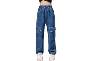 Happy Cherry Jeans Fille Rétro Jambe Large Cargo Y2k Pantalons Pattes Elastique 5-15ans