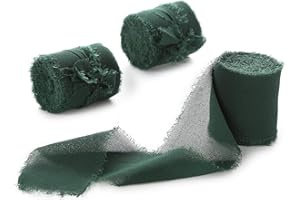 FREEASY Chiffon Ribbon 3 Rolls 1.5 inch X 5 Yard Dark Green Handmade Fringe Silk Ribbon Set for Gift Wrapping, Wedding Invitations, Bridal Flower Bouquets, Baby Shower, DIY Crafts