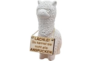 GENERISCH Lustige Alpaka Figur mit Holzschild – „Lächle! Du Kannst sie Nicht alle anspucken“ – Deko Tier aus Guss – Geschenkidee für Büro, Kollegen & Freunde – Lama Dekofigur