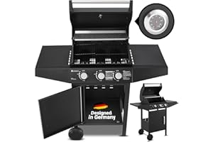 Juskys BBQ Gasgrill Louisiana 3 Brenner 8,1 kW - Gas Grillwagen inkl. Grillrost, Deckel - Grill mit Thermometer, Warmhalterost, Seitenablagen & Plane