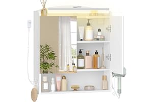 ‎HZUANERI Hzuaneri Spiegelschrank Bad mit Beleuchtung, Badezimmerschrank mit Spiegel, Wandschrank, Haartrockner-Halter und Haken, mit Stecker, Verstellbarer Etagen, Weiß, 16,5 x 60 x 68,5 cm MC10003XEU