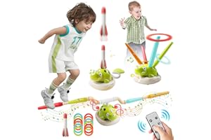 RoserRose 3 en 1 Jeux Exterieur Enfant - Fusée à Pédales Jeu, Musical Sauter, Lancer d’Anneaux, Jouet Exterieur Enfant avec Télécommande, 4 Vitesses - Cadeaux pour Garçons Filles 3 4 5 6 7 8 Ans