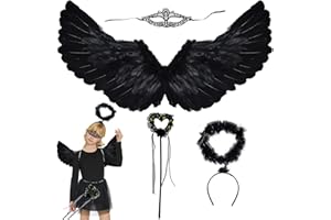 FORMIZON 4 Stück Engelsflügel Schwarz, Engel Flügel, Dunkler Engel Kostüm, mit Heiligenschein, Augenbinde und Zauberstab, Federn Engelsflügel Mädchen Damen, Fasching Karneval Verkleidung