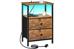 LOAKEKEL Bedside Table with Charging Station, Side Table with LED Light, Small Nightstand with 2 Fabric Drawers and Open Storage Shelf, Bedside Cabinet for Bedroom, Living Room Brown UHETS02BR-1