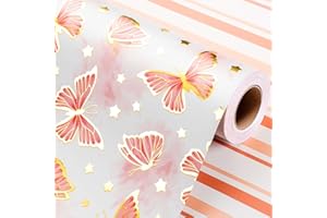 Wikadlik Rotolo di carta da regalo con farfalle rosa, reversibile, motivo a righe, per compleanni, matrimoni, addio al nubilato, 43 cm x 10 m