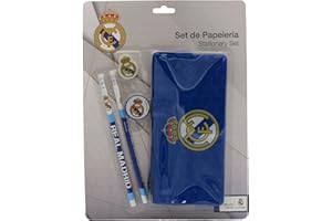 CYPBRANDS Real Madrid, Set de Papelería, Portatodo Triple,Lápices, Goma de Borrar, Sacapuntas, Color Azul, Producto Oficial