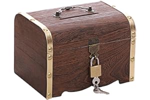 GANQUER Wooden Treasure Chest Storage Box, Retro Money Storage Box Bank with Lock & Keys, Vintage Coin Box Jewellery Organizer Wood Carving Handmade Money Box(Gold,size:S)
