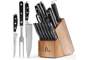 ACOQOOS Juego de Cuchillos de Cocina,Juego Cuchillos Cocina 17 Piezas con Bloque de Madera, Set Cuchillos Cocina con Taco, Acero Inoxidable de Alto Carbono, Marrón