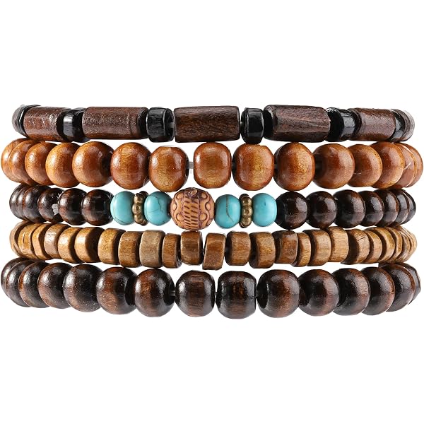 6 Bracelets En Perles De Bois Pour Hommes - Élastique, Multicouches, Style Vintage, Réglable, Cadeau