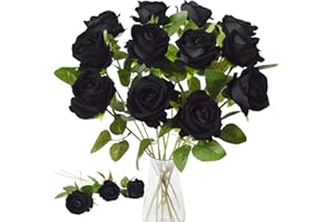 ‎KINISTY Kinisty 12 Stück Künstliche Blumen Schwarz Fake Rosen, Plastikblumen Gefälschte Seidenrose wie Echt Kunstblumen für Innen Draußen Garten Balkon Deko