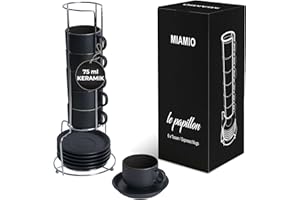 MIAMIO - 6 x 75 ml Espressotassen Set/Espresso Tassen Set mit Untertasse & Ständer - Kaffeetassen Set 6er Kaffeebecher Keramik - Le Papillon Kollektion (Schwarz)