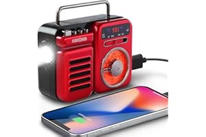 FosPower 2000mAh Emergency Weather Radio, Retro Style Portable Radio with 5.0 Bluetooth Speaker, Hand Crank, Solar Charging, AM/FM/WB, Flashlight & SOS Alarm (Red)