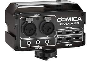 Audio Mixer Comica CVM-AX3 Kamera Mikrofon Adapter with XLR/6.35mm/3.5mm Eingänge, 2 Kanal Audio Mixer Preamp für Gitarre Canon Nikon Sony Panasonic DSLR Kameras Kamcorder etc. (3,5 mm Ausgang)
