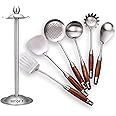 GXONE Cooking Utensils Set,7pcs 304 Stainless Steel Kitchen Utensils Set with Holder,Heat Resistant Wooden Handle Kitchen Tools
