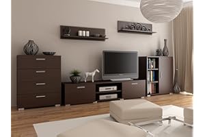 MATKAM Wohnwand Chopin 2, 5-teilig, laminierte 18 mm, Schubladenschrank H100xB80xT40cm, Fernsehschrank H35xB150xT40cm, Kommode mit Tür H100xB80xT30cm, 2X Hängeregale (Wenge)