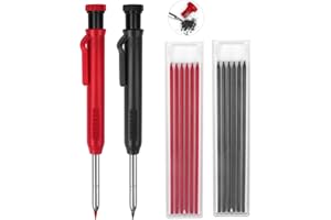 ‎MECHEER 2er Zimmermannsbleistift mit 12 Bleistiftminen 2 Farben, Tieflochmarker Bleistift Baustelle Set für Holzbearbeitung, 45mm Lange Feder Baubleistift Tischler Bleistift Bohrlochmarker Eingebauter Spitzer