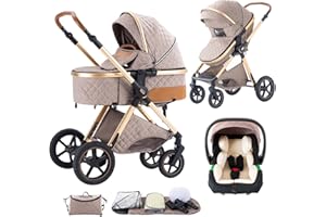 Shineey 3 in 1 Baby Stroller with Height Adjustable Handle,3 in 1 Prams Travel System, Lightweight Foldable Pushchair, Prams with Aluminum Frame for Portable Baby Carriage