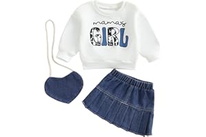 Loalirando - Conjunto de 3 piezas para bebé, sudadera blanca estampada 'Mama's Girl', falda de mezclilla plisada, bolso con forma de corazón