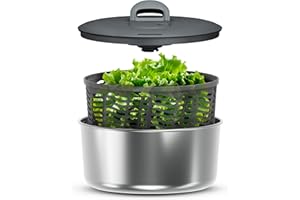 Zyliss Essoreuse à Salade Inox Easy Spin Grande 6L, Technologie AquaVent™, Saladier, Base antidérapante, Mécanisme à cordon, Bouton d'arrêt, Sans BPA, Compatible lave-vaisselle, Acier inoxydable