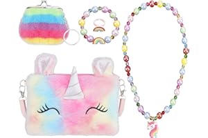 ELICNA 5pcsBolso Niña Juegos de Joyas, Bolso para Niños con Juego de Joyas Bolso Niña 3 4 5 6 7 8 9 10 11 12 Años Regalo niña 4-12 Años con Monedero de Felpa Collar Pulsera Anillos niñas