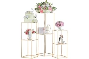 NUPTIO Vaso Oro Centrotavola Matrimonio: 3 Pezzi 60 & 80 & 100cm Supporto Fiori in Metallo con 2 Strati Acrilico Pannello Pavimento Vasi Colonna Geometrica per Festa di Compleanno