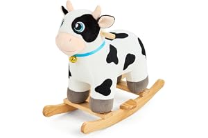 FUNLIO Gunghäst Ko för barn 1-3 år, mjuk och bedårande med mjukt huvud, ljusa ögon och ljudklocka, plyschgunga, lätt att mont