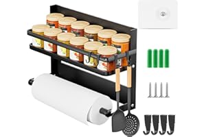 Jokisa Porta Spezie per Cucina con Porta Rotolo da Cucina e 4 Ganci –Portaspezie da Parete Senza Forature per Organizzare e Risparmiare Spazio in Cucina