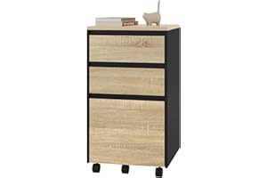WOLTU Cassettiera da Ufficio, Cassettiera Portadocumenti a 3 Cassetti, Mobiletto Portaoggetti con Ruote per Studio, Camera da Letto,in Legno, Rovere Chiaro e Nero, 40x40x70cm, ASK01hei