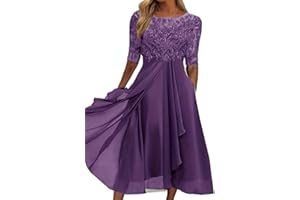 WEITING Europäisches und amerikanisches Frühlings- und Sommer-Brautjungfern-Abendkleid, Spitze, halbärmeliges, hohles Chiffon-Kleid-Lila-S