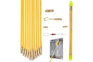 SUNDEER 33' Fiberglass Electrical Connectable Fish Tape Pull Kit, Cable Rod Set with Hook and Hole Kit in Transparent Tube (Yellow, 10Rods x 1M)