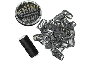 NEXYSHE 20pcs Hair Extension Clips DIY Wig Combs of 9-Teeth 32mm 1.2g/Pc, Metal Snap Hair Clips, 1pc Weaving Thread, 1set/30pcs Needles