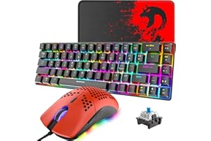 ZIYOU LANG RGB Gaming Keyboard and Mouse Set, 68 Keys Blue Switch 60% Mini Chroma Mechanical Keyboard Black, 6400DPI Honeycomb Lightweight Optical Mouse Red, USB Wired, Compatible with Windows Mac PS4 XBox