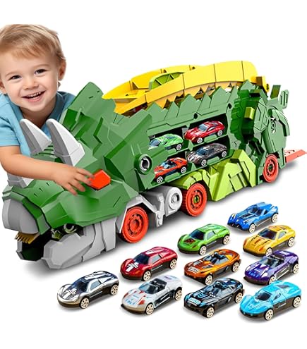 6 Mini Voitures Métal Incluses Camion Dinosaure Jouet Avec 6 Voitures - Jeu De Course Pour Enfants 2 3 4 5 Ans - Cadeau Garçon Fille
