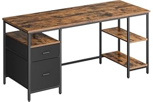 VASAGLE Scrivania per Computer, Tavolo da Ufficio, Scrivania con 3 Ripiani, 2 Cassetti, 60 x 160 x 76 cm, per Ufficio, Soggiorno, Stile Industriale, Marrone Vintage e Nero Opaco LWD105K01