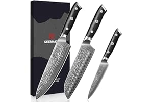 KEEMAKE Set Couteaux de Cuisine Professionnel, Couteau Cuisine Damas 67 Couches Santoku Japonais 178mm Office 127mm Chef 200mm Poignée G10, Coffret Cadeau Restaurant