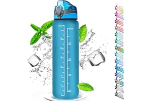 Auckpure Gourde Sport 1 Litre, Bouteille d'eau Avec Paille, avec ​Traqueur de Marqueur, Ouvrir en un Clic, Convient Pour la Gym, le Yoga, le Camping, le Cyclisme et la Vie de Famille (Bleu)