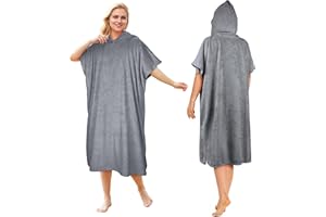 Kato Tirrinia Hooded Poncho Towel Changing Robe Adults, Surf Windproof Beach Robe Swim Towel for Outdoor Use, Super Water Absorbent Compact & Light Weight, One Size Fit Men Women Grey