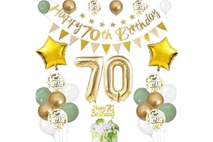 FEYG 70th Birthday Decoration for Men Women, Sage Green White Gold 70th Birthday Balloons with Happy 70th Birthday Banner Cake Toppers Triangle Flag Number 70 Balloons for 70 Year Old Birthday Decorations