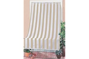 Corredocasa Tenda da Sole per Balcone e Finestre per Esterno a Righe Larghe con Anelli e Frangie in Tessuto Resistente che Protegge dai Raggi Solari, Oscurante per Veranda Casa (Beige, 140x300 CM)