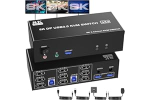RYTAKI PRO 8K Displayport USB 3.0 KVM Switch 3 Monitors 2 Computers, DP1.4 Triple Monitor KVM Switch with Audio Microphone Output and 3 USB 3.0 Ports, 8K DP KVM Triple Monitor Keyboard Mouse Switcher