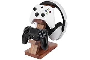 Geekria Support de Manette de Jeu Double en Bois Massif et Support de Casque, Support de Rangement de contrôleur pour PS4/PS5/Xbox/Switch/8BitDo, Accessoires de Jeu de Bureau universels