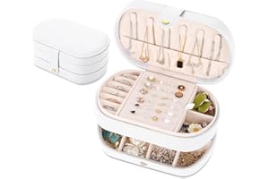 E-MANIS Voyage Boîte à Bijoux pour Femme et Fille,Boîte à Bijoux de Super Pratique 3 Couches,Boîte à Bijoux pour Bagues,ColliersBoucles d'oreilles,Bracelets,Cadeau (Blanc)