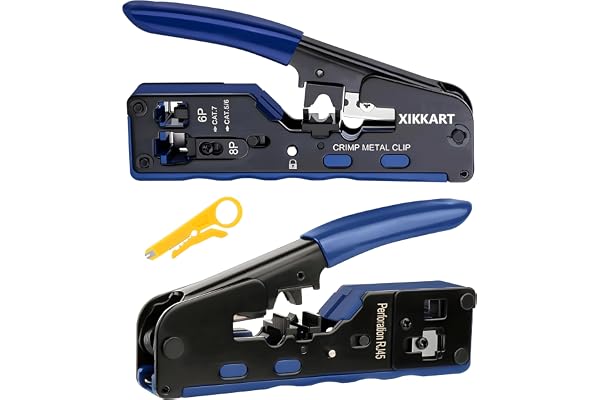 XIKKART Cat7 RJ45 Crimping Pass through Tool Kit, Ethernet Pass Through Crimper with Cutter & Stripper, for Cat6A Cat6 Cat5e Cat5, Shielded RJ45 RJ12 LAN Network Cable Repair Tool, RJ45 Crimper(Blue)