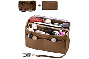 SUQ Bolso Organizador de Fieltro para Mujer, Multi-Bolsillo Organizador, Bolsa Interior de Cremallera Desmontable y Llavero, Bag in Bag, Bolso Insertar, Bolso Cosmético Organizador (marrón, M)