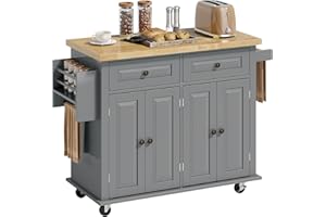 HOMCOM Carrello da Cucina con Ruote, Ripiani Regolabili e Portaspezie, Isola Cucina con Piano di Lavoro in Legno di Gomma, per Cucina e Soggiorno, 111x44.5x82.5 cm, Grigio