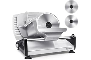 TOKASS Elektrischer Allesschneider Edelstahl - Verstellbare Küchenmaschine 0 bis 15mm - 2 Klingen - Wurstschneidemaschine - Brotschneidemaschine, Schinkenschneider,Fleisch