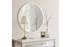 ‎GOZOS Gozos Moderner Industrial Spiegel Obejo, Weiß - Runder Wandspiegel mit hölzerner Unterseite und inklusive Montagematerial - Maße 78 x 78 x 3 cm - Runder Spiegel ideal als Dekorationsobjekt